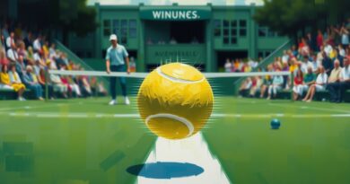 Rozmyta piłka tuż nad linią kortu w Wimbledonie, glitch, oddająca emocje i kontrowersje sędziowania AI.