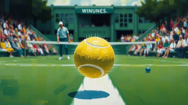 Rozmyta piłka tuż nad linią kortu w Wimbledonie, glitch, oddająca emocje i kontrowersje sędziowania AI.