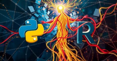Konwergencja Python i R, nadzorowana przez Gemini AI, w renesansowej wizji data science.