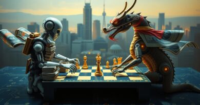 Szachowa rozgrywka symbolizująca wyścig talentów AI; Meta pod presją finansową, konkurencja (azjatycki smok) zwinna.