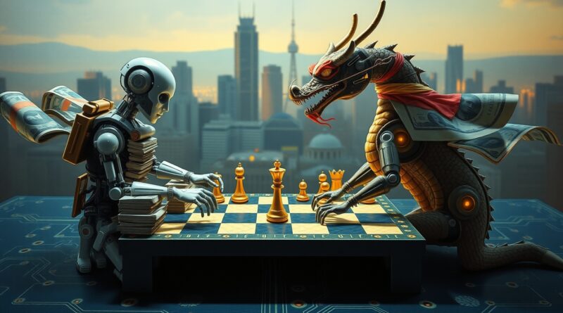 Szachowa rozgrywka symbolizująca wyścig talentów AI; Meta pod presją finansową, konkurencja (azjatycki smok) zwinna.