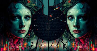 Pęknięte lustro zniekształca twarze. Cyfrowe fragmenty i tekst symbolizują naruszoną prywatność w Meta AI.