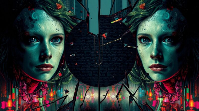 Pęknięte lustro zniekształca twarze. Cyfrowe fragmenty i tekst symbolizują naruszoną prywatność w Meta AI.