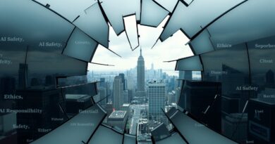 Rozbite lustro odbija chaotyczny krajobraz z glitchującymi napisami "AI Safety", zestawione z idealną wizją miasta.