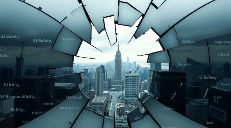 Rozbite lustro odbija chaotyczny krajobraz z glitchującymi napisami "AI Safety", zestawione z idealną wizją miasta.