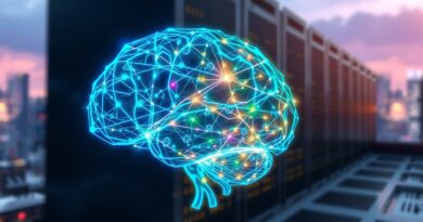 Cyfrowy mózg z neuralnymi połączeniami na tle futurystycznego miasta, symbolizujący Edge AI i LFM2.