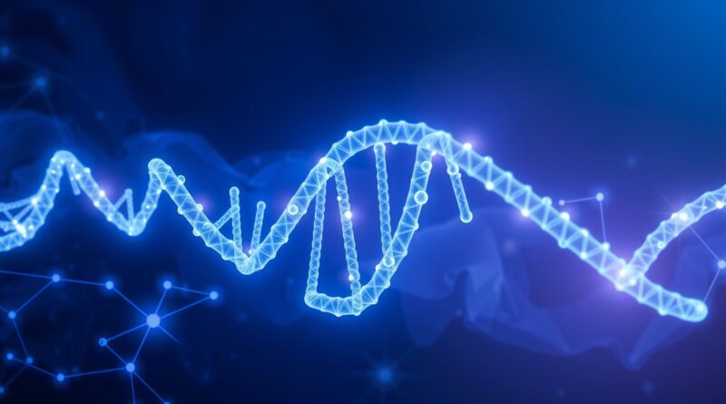 Bioluminescencyjna helisa DNA wygenerowana przez AI, symbolizująca postęp w projektowaniu białek przez Latent Labs.