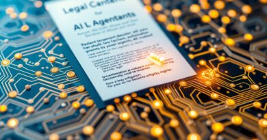 Abstrakcyjna płyta obwodów z dokumentami prawnymi, podświetlona siecią AI, w barwach niebiesko-złotych.
