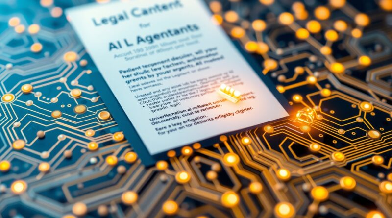 Abstrakcyjna płyta obwodów z dokumentami prawnymi, podświetlona siecią AI, w barwach niebiesko-złotych.