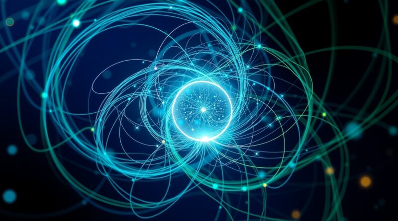 Abstrakcyjna, cyfrowa sieć zbiegająca się w świetlistym punkcie. AI-powered procurement, innowacja, optymalizacja finansowa.