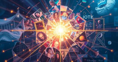 Rozbita mozaika sztuki dekonstruowana przez światło, symbolizująca wpływ AI. Nowe narzędzie LightShed w ochronie praw autorskich.