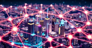 Abstrakcyjna mozaika: lokalne modele AI chronią dane firm w futurystycznym mieście. Bezpieczna sieć, prywatność, innowacja.