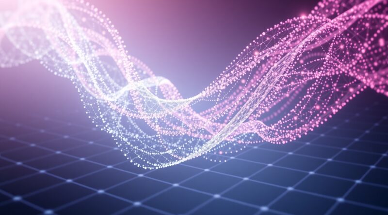 Abstrakcyjna grafika: świetliste węzły w trójwymiarowej siatce, symbol modelu generowania wideo Lumos-1 Alibaba.