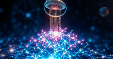 Eteryczna sieć neuronowa, symbol MMSearch-R1, z dynamicznymi danymi i lupą, ilustrująca przyszłość wyszukiwania LMM.