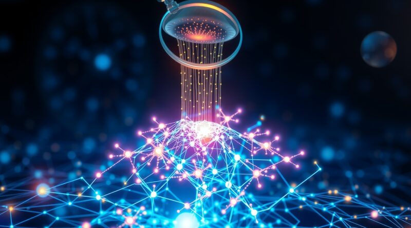 Eteryczna sieć neuronowa, symbol MMSearch-R1, z dynamicznymi danymi i lupą, ilustrująca przyszłość wyszukiwania LMM.