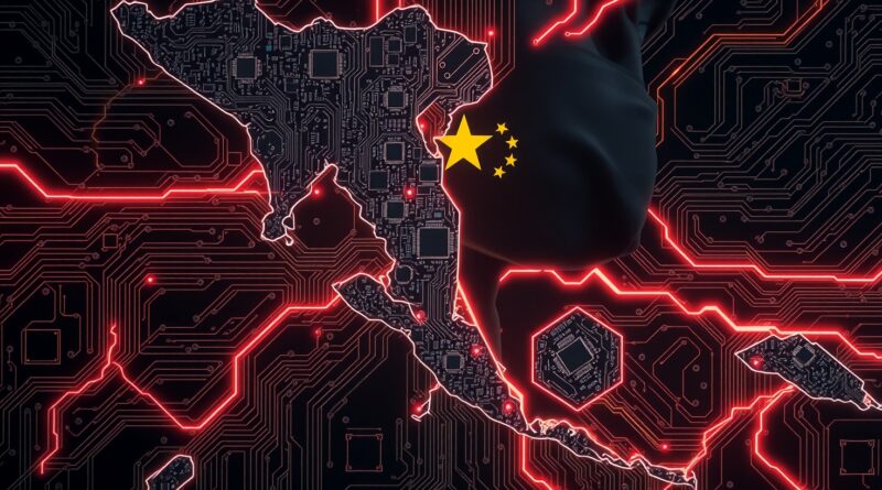 Obwód scalony z mapą Malezji, przesłaniany twarzą symbolizującą Chiny. Światło-żyły przenoszą mikrochipy.