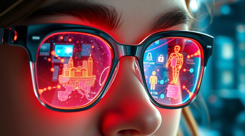 Okulary AR odbijające barwny, cyfrowy świat. Personalna superinteligencja, AI, przyszłość okularów Meta.