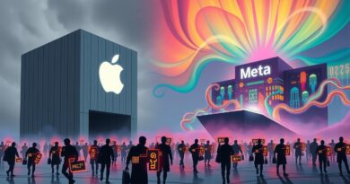 Sylwetki z symbolami AI exodusem z futurystycznego Apple do tętniącej życiem siedziby Mety w dramatycznym oświetleniu.