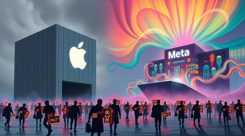 Sylwetki z symbolami AI exodusem z futurystycznego Apple do tętniącej życiem siedziby Mety w dramatycznym oświetleniu.