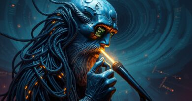 Algorytmiczna Wyrocznia: z kabli i serwerów, głosi bełkot w otoczeniu binarnych wirów.