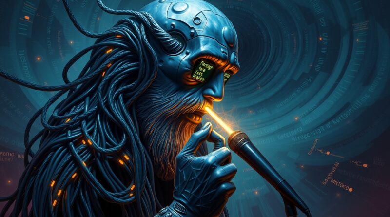 Algorytmiczna Wyrocznia: z kabli i serwerów, głosi bełkot w otoczeniu binarnych wirów.