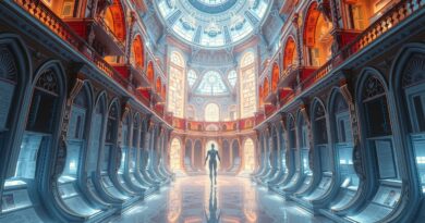 Krucha postać w labiryncie pamięci, selektywnie porządkująca fragmenty tekstu, inspirowane stylem Art Nouveau i możliwościami LLM.