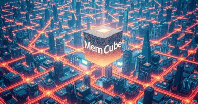 Futurystyczna metropolia z kostek pamięci, neonowe ścieżki danych, symbol MemOS - rewolucji w zarządzaniu pamięcią SI.