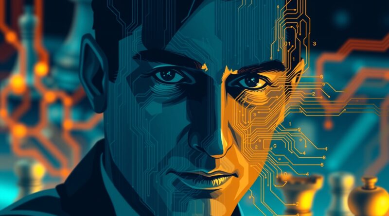 Szachowy arcymistrz przenika się z kodem AI na tle obwodu - intelekt i przyszłość.