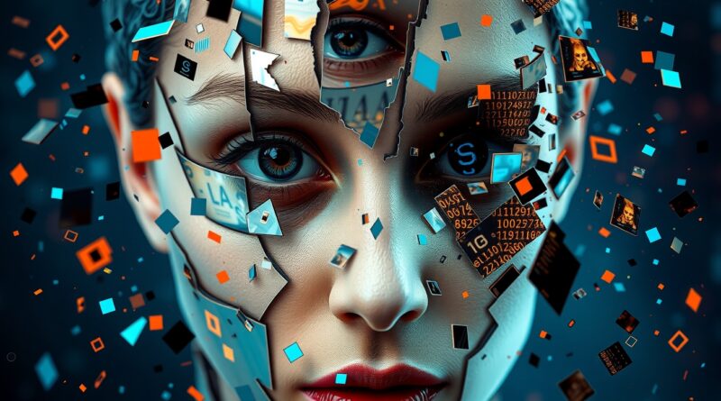 Rozfragmentowana twarz złożona z pikseli, splątana z kodem, walczy o tożsamość. Jedno oko obserwuje podejrzliwie.