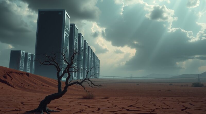 Futurystyczna serwerownia Meta kontra wyschnięta ziemia i burzowe niebo, symbolizująca koszty dominacji AI.