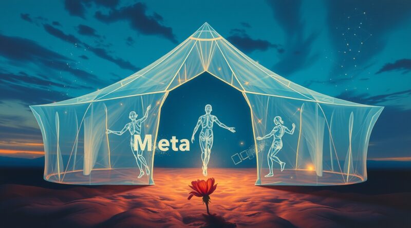 Surrealistyczne centrum danych Meta AI w futurystycznym namiocie, ulotność i pośpiech rozwoju AI.