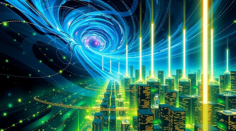 Futurystyczna metropolia serwerów AI w nocnej scenerii, symbolizująca potęgę i apetyt energetyczny systemów sztucznej inteligencji.
