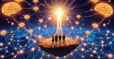 Cyfrowy krajobraz z myślącymi wyspami. Świetlista AI wyciąga ręce do skulonych, ciemnych postaci. Meta intensyfikuje zaangażowanie.