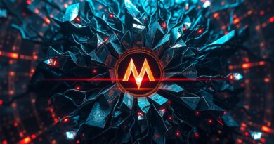 Popękana sieć neuronowa z przepływającymi danymi, glitchującym logo Meta. Mroczna, cyfrowa ilustracja luki w zabezpieczeniach AI.