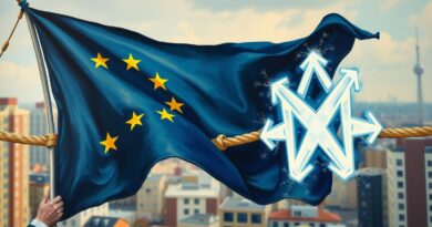 Przeciąganie liny: Flaga UE kontra logo Meta. Konflikt regulacji i technologii AI w Europie.