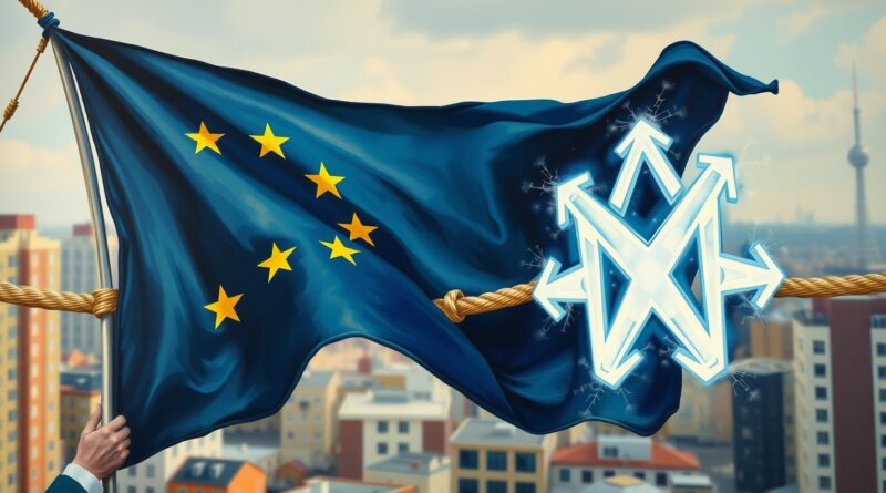 Przeciąganie liny: Flaga UE kontra logo Meta. Konflikt regulacji i technologii AI w Europie.