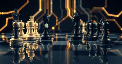 Szachy: Meta (białe) kontra Apple (czarne). Odbicie twarzy Zuckerberga i Cooka, walka o AI.