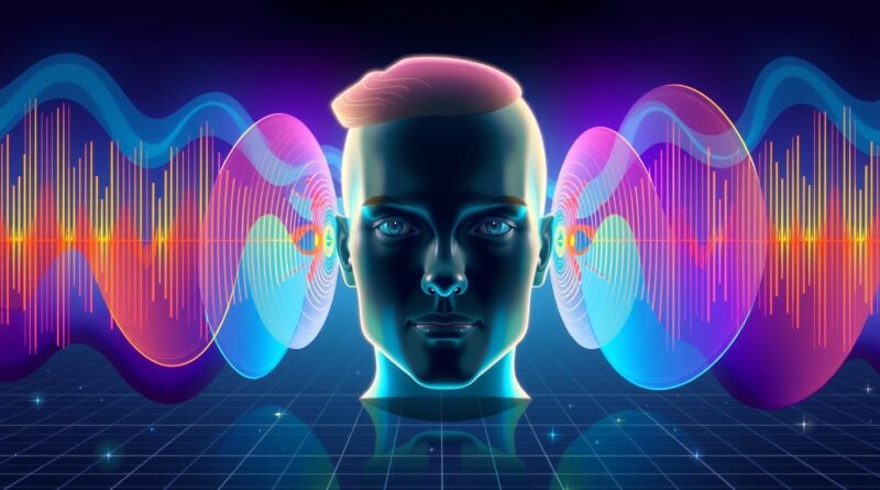 Abstrakcyjna twarz formowana z fal dźwiękowych i siatki, symbolizuje Meta AI w syntezie mowy.
