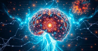 Świetlisty, fraktalny mózg symbolizujący superinteligencję w otoczeniu kodu binarnego, nawiązujący do Art Nouveau.