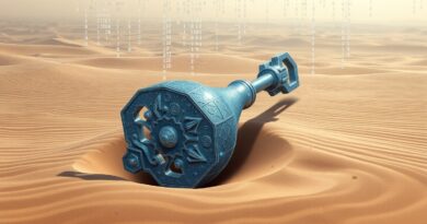 Klucz pogrzebany w piasku pustyni, kod binarny, symbol reorientacji strategii AI Meta.