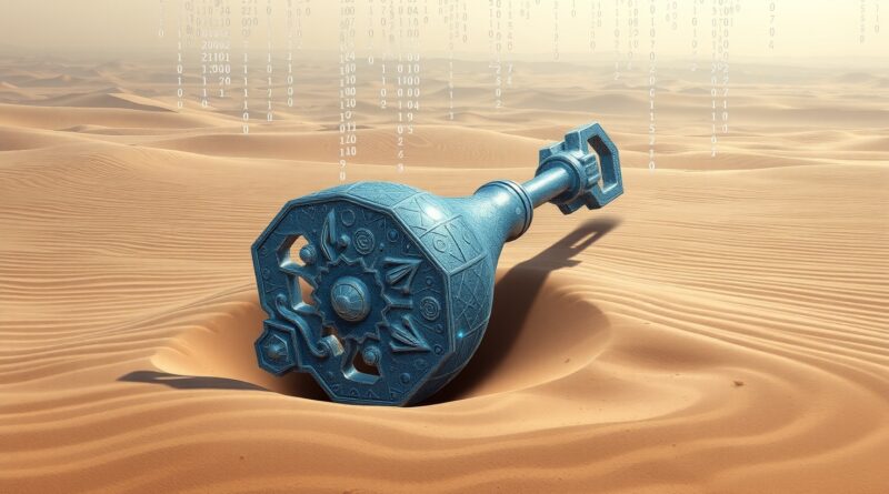 Klucz pogrzebany w piasku pustyni, kod binarny, symbol reorientacji strategii AI Meta.