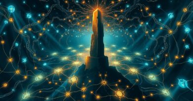 Abstrakcja AI: labirynt neuronów, fraktalny obelisk, chłodne barwy, punkty ciepłego światła. Meta zmienia kurs AI.