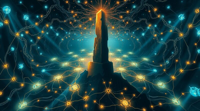 Abstrakcja AI: labirynt neuronów, fraktalny obelisk, chłodne barwy, punkty ciepłego światła. Meta zmienia kurs AI.