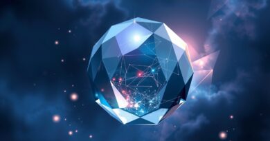 Wielopłaszczyznowa, odblaskowa kryształowa kula MetaStone-S1 w eterycznej, fioletowo-niebieskiej nebulii, symbolizująca efektywność i innowacyjność AI.