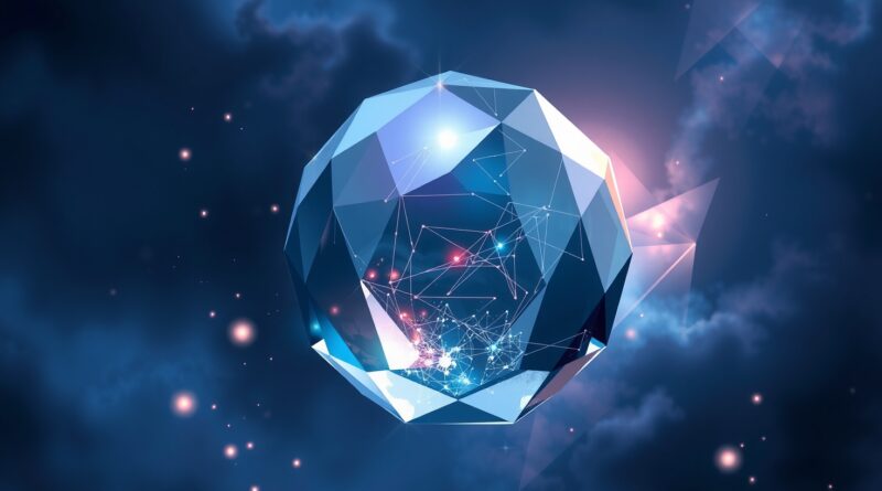 Wielopłaszczyznowa, odblaskowa kryształowa kula MetaStone-S1 w eterycznej, fioletowo-niebieskiej nebulii, symbolizująca efektywność i innowacyjność AI.