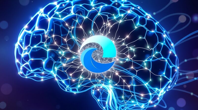 Futurystyczny mózg spleciony ze światłowodów i logo Edge, symbolizujący inteligencję i łączność z AI.