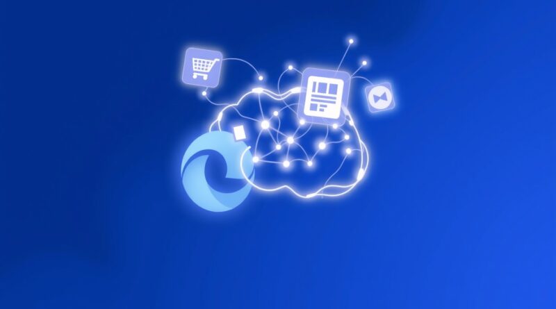 Sieć neuronowa w logo Microsoft Edge, pulsująca światłem, otoczona ikonami zadań online.