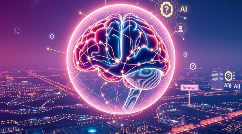 Sieć neuronowa w krystalicznej sferze, symbolizująca AGI, nad cyfrowym krajobrazem Microsoftu i OpenAI.