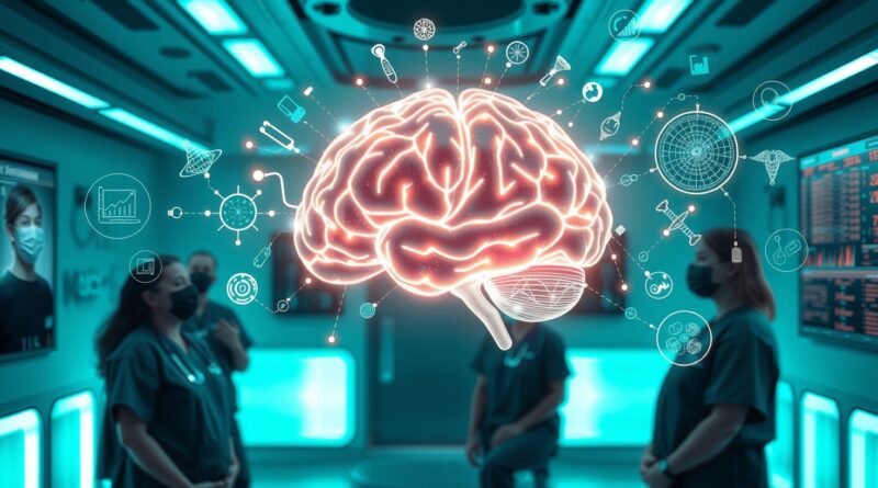 Świecący mózg z symboli medycznych w futurystycznej sali operacyjnej, otoczony danymi medycznymi. Przyszłość diagnostyki.