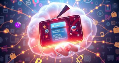 Futurystyczny, cyfrowy portfel w chmurze danych, holograficzne karty i adresy na tle ikon e-commerce.